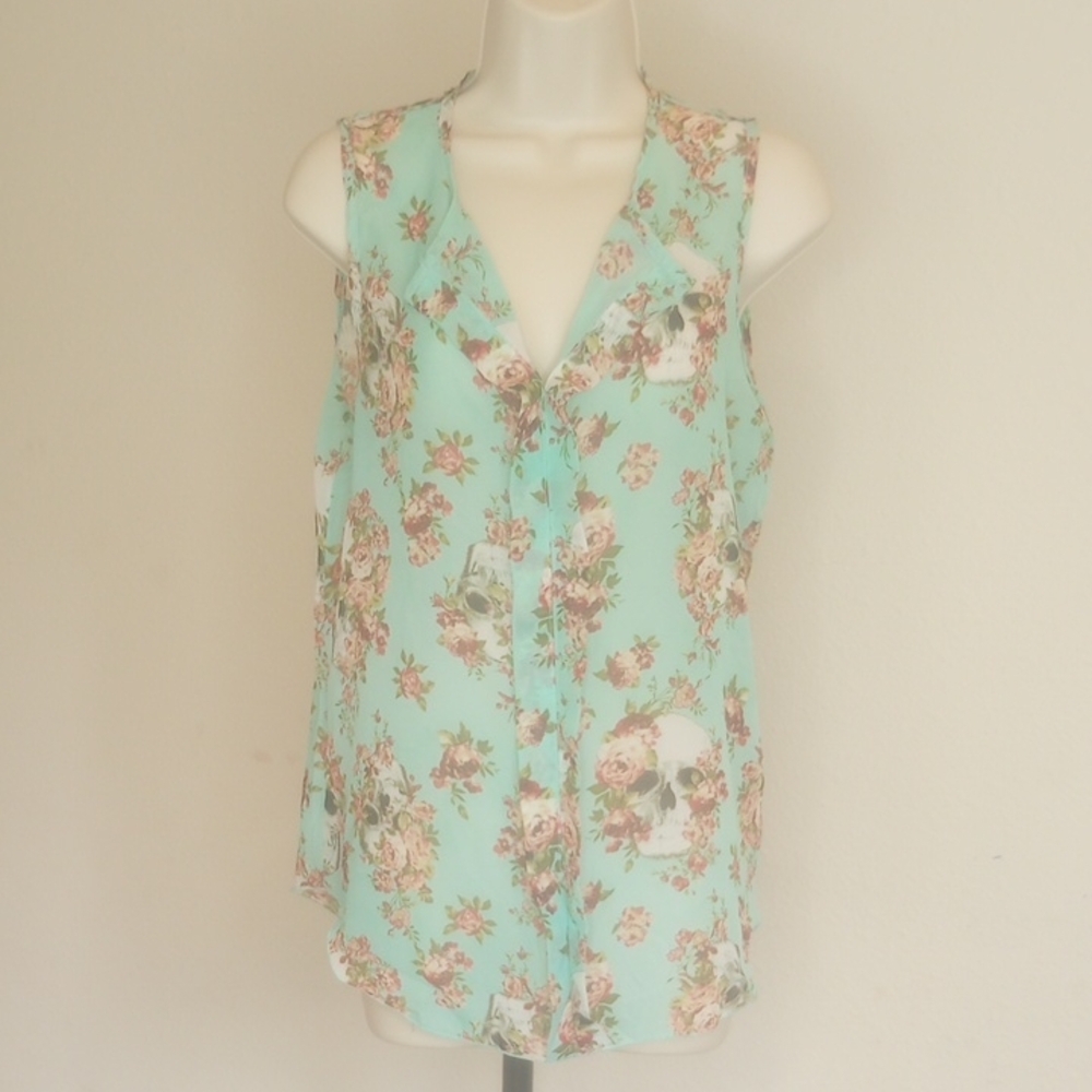 Floral & Skull Sleeveless Top - Mint ( no Sz )